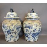 A Pair of Chinese Large Underglaze Blue Decorated Covered Vases, with dog of fo surmount,