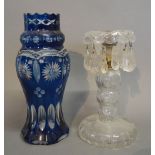 A Victorian Glass Lustre with Cut Glass Drops together with a blue flash vase of tapering form