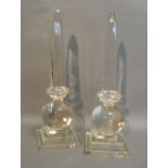A Pair of Cut Glass Obelisk with Globular Square Stepped Bases,