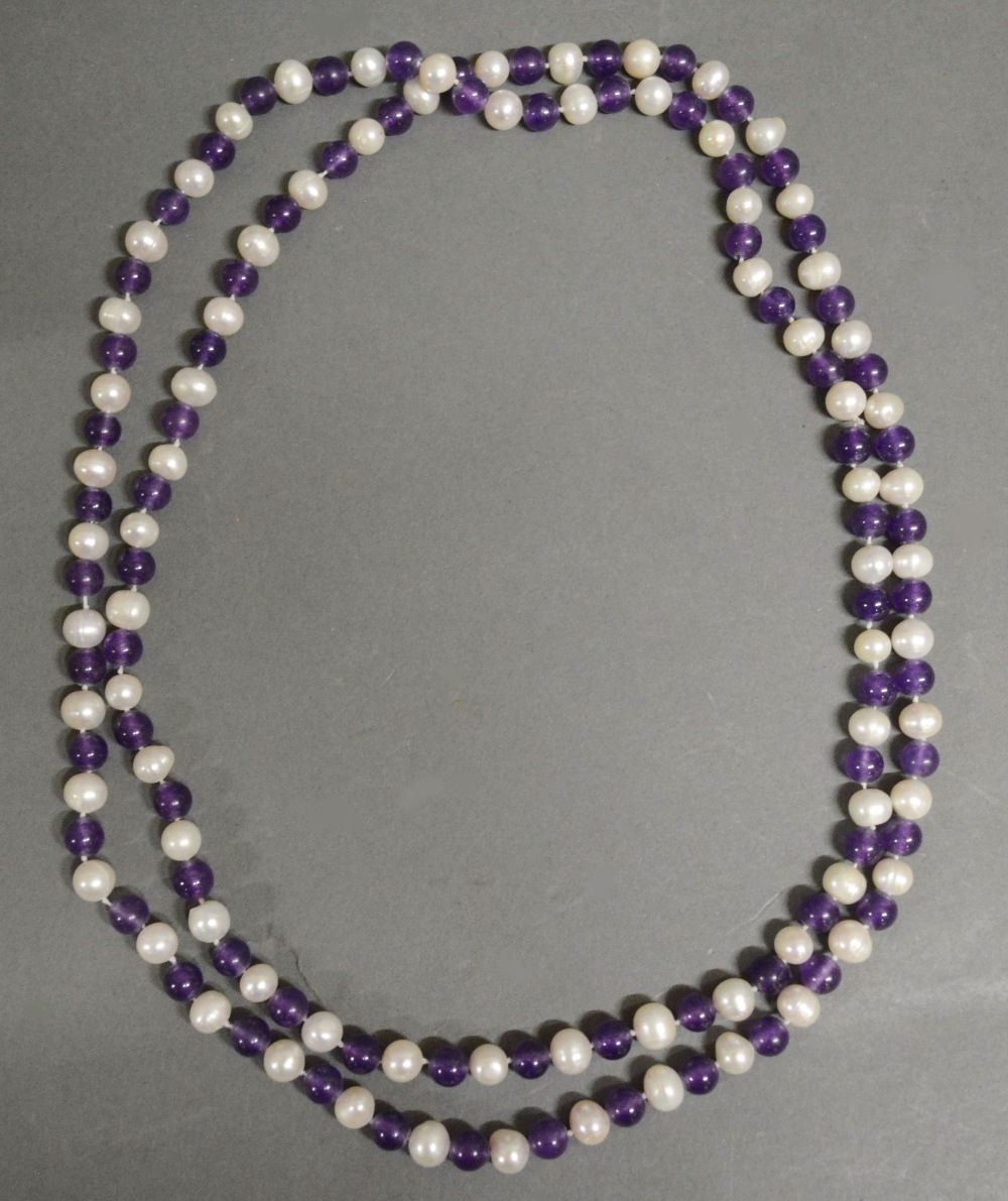 A Cultured Pearl and Amethyst Bead Neckl