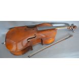 A Small Cello together with a Bow within a Soft Case and a violin with two piece back, 32.