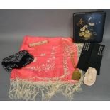 A Silk Work Shawl together with a Bead Work Evening Purse and other items to include a Lacquered