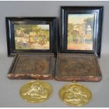 A Pair of Relief Decorated Wall Plaques together with a similar pair of Brass Wall Plaques and two