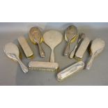A London Silver Backed Six Piece Dressing Table Set, with engine turned decoration,