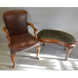 A Circa 1920's Walnut Kidney Shaped Stool with padded seat raised upon cabriole legs with carved