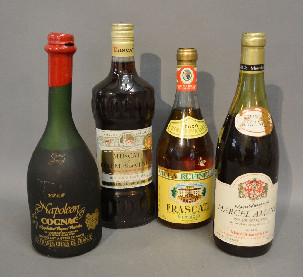 One Bottle Napoleons Cognac Comte Joseph together with three other bottles of Wine