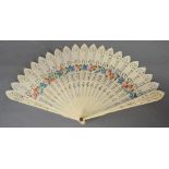 A Chinese Carved Ivory Brise Fan, hand painted with summer flowers with pierced guards,