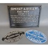 A Painted Cast Iron Railway Sign 'Somerset and Dorset Railway' together with two similar painted