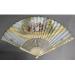 An 18th Century Ivory Fan with Finely Pierced Sticks and Hand Painted with Figures within a