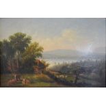 Early 19th Century Continental School LAKE SCENE WITH CATTLE IN THE FOREGROUND Oil on board,