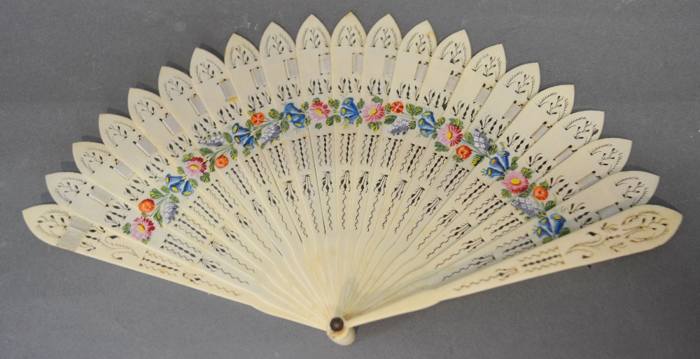 A Chinese Carved Ivory Brise Fan, hand p