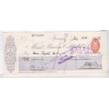 Cheque 1902 Bacon, Cobbard & Co, used Ipswich, 1d Duty