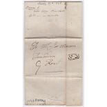 Sussex 1825 EL-Walden-tendered, charged 9d, with Uckfield penny post in blue and black, boxed (no.3)