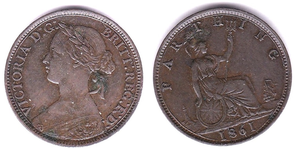 Great Britain 1861 Victoria Farthing GEF/AUNC nicely toned.