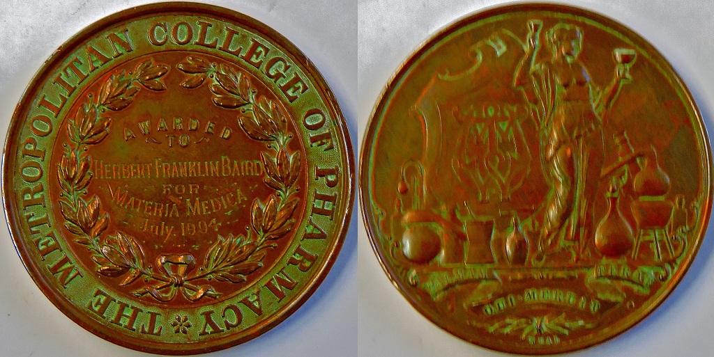 Medals - 1904 Bronze Medal by Neal for Metropolitan College of Pharmacy to Herbert Frankin Baird for