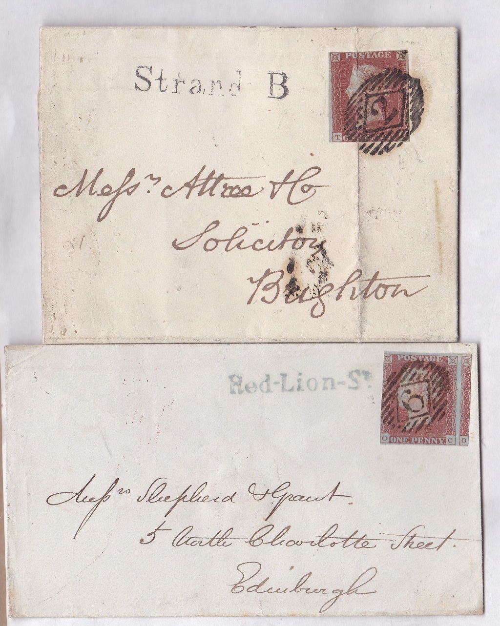 London (2 ) EL's (1845/9)with penny reds from 'black' plates on blue paper with red-Loin-Street