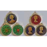 Guernsey and Gibraltar (2) Enamelled Crowns Enamelled Crowns-Total 3, attractive in pendant mounts.