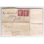 Yorkshire 1858 EL-Hull to York with pair of 1858 1d rose red (GG40) o/c, on reverse part Hull + York