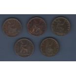 Great Britain Pennies - 1860 (AVF), 1862-63, 1865-66 Queen Victoria Grade F to VF (5).