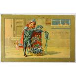 Greetings - Beautiful embossed 'Bonne Fete' French card - a child with a basket of flowers used