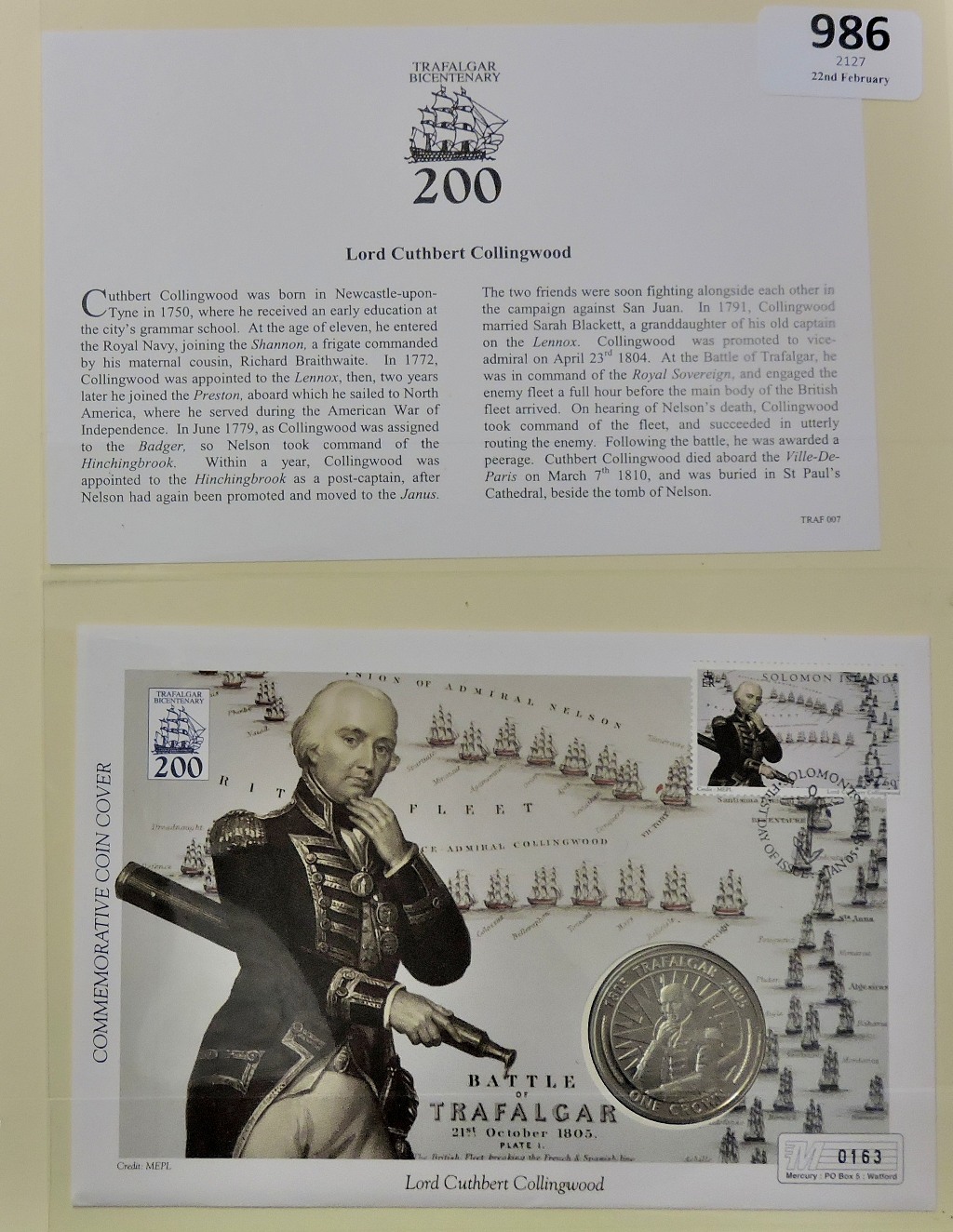 2005-Trafalgar Bicentenary, Lord Cuthbert, Collingwood Commemorative cover with Gibraltar crown