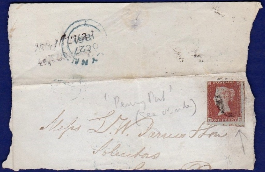 Norfolk (Lynn) - 1851 Past ENV With Penny Red on Piece T I. With part of Script margin Feint