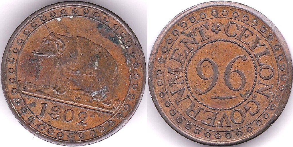 Ceylon 1802-1/96 Rixdollar (KM74) copper elephant,AEF, some lustre