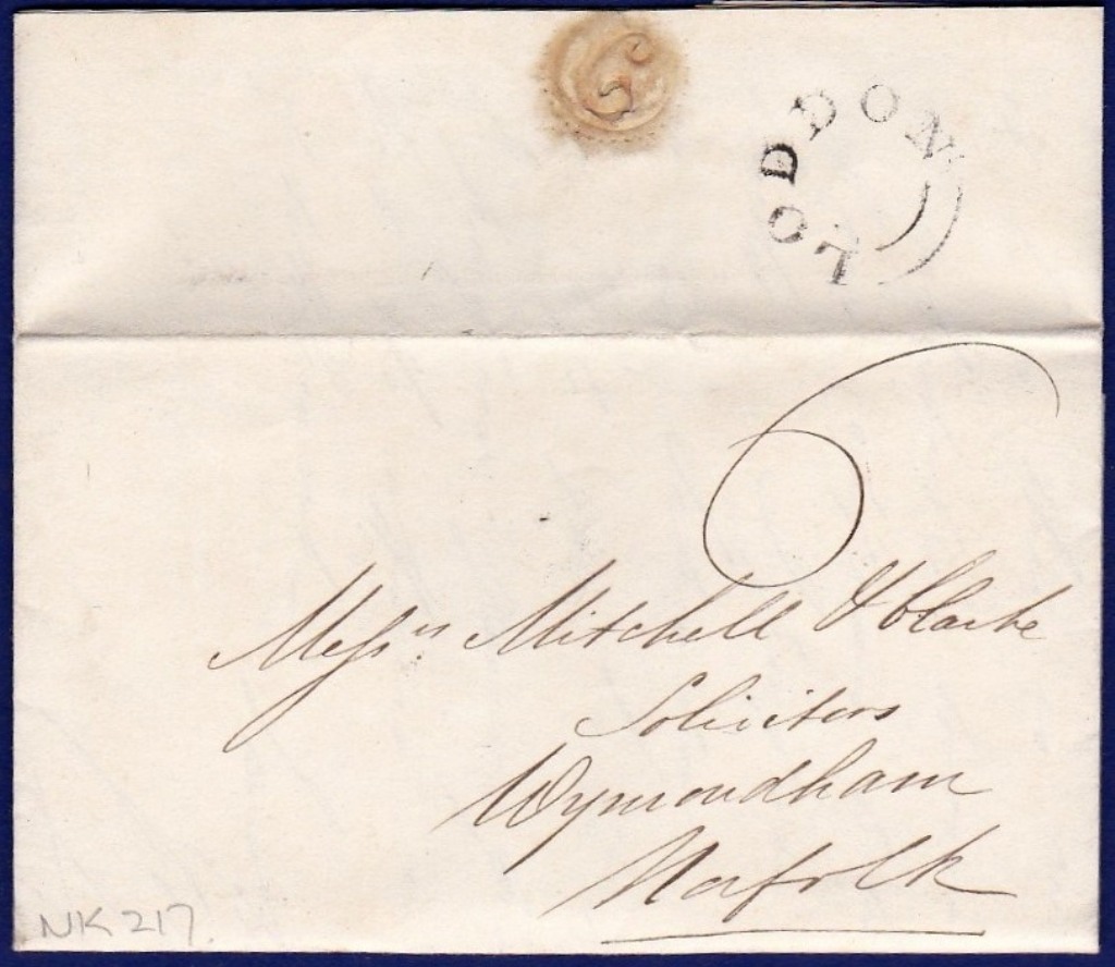 Norfolk - 1834 EL From Loddon to Wymondham with Loddon strike on the reverse (NK217) Rated 'D', M/