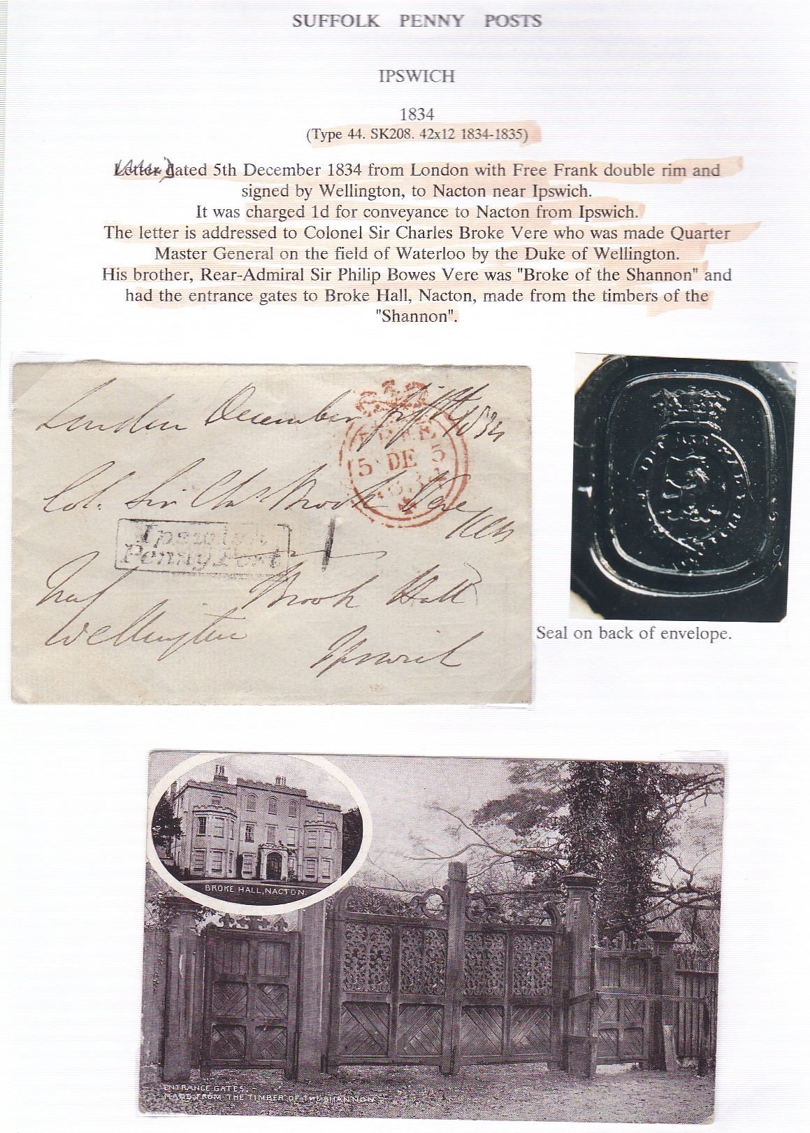 Suffolk - 1834 (SK208) Ipswich Penny Post boxed. Free Frank L800a with cross. Dated 5/12/1834,