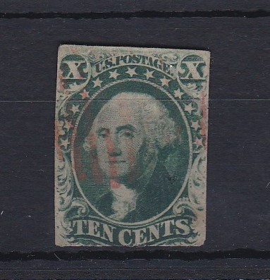 USA 1855 10 cents green, Washington, used, faults scarce