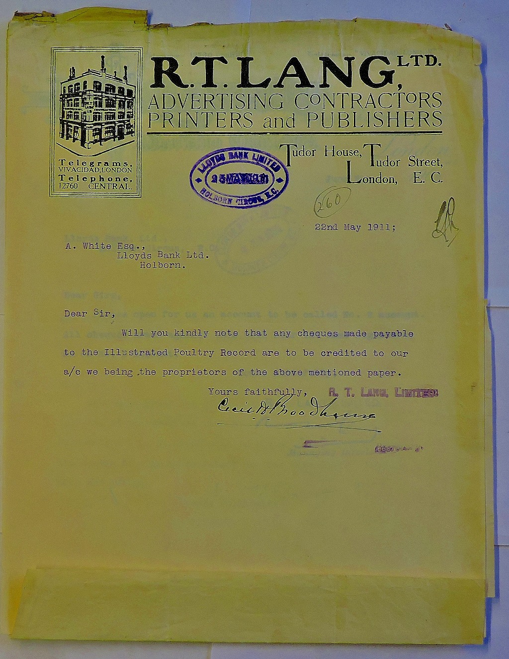 London 1911 R T Lang Ltd engraved letter heading Adverts