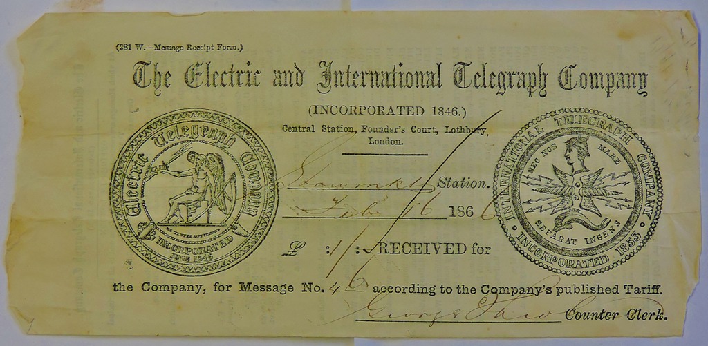 Stowmarket Suffolk 1866 engraved heading: The Electric International Telegraph Co.