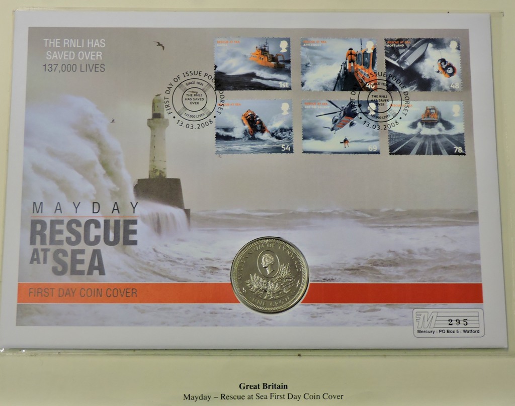 2008-Great Britain-Safety at sea, sea with Isle of Man crown coin, mercury first day cover