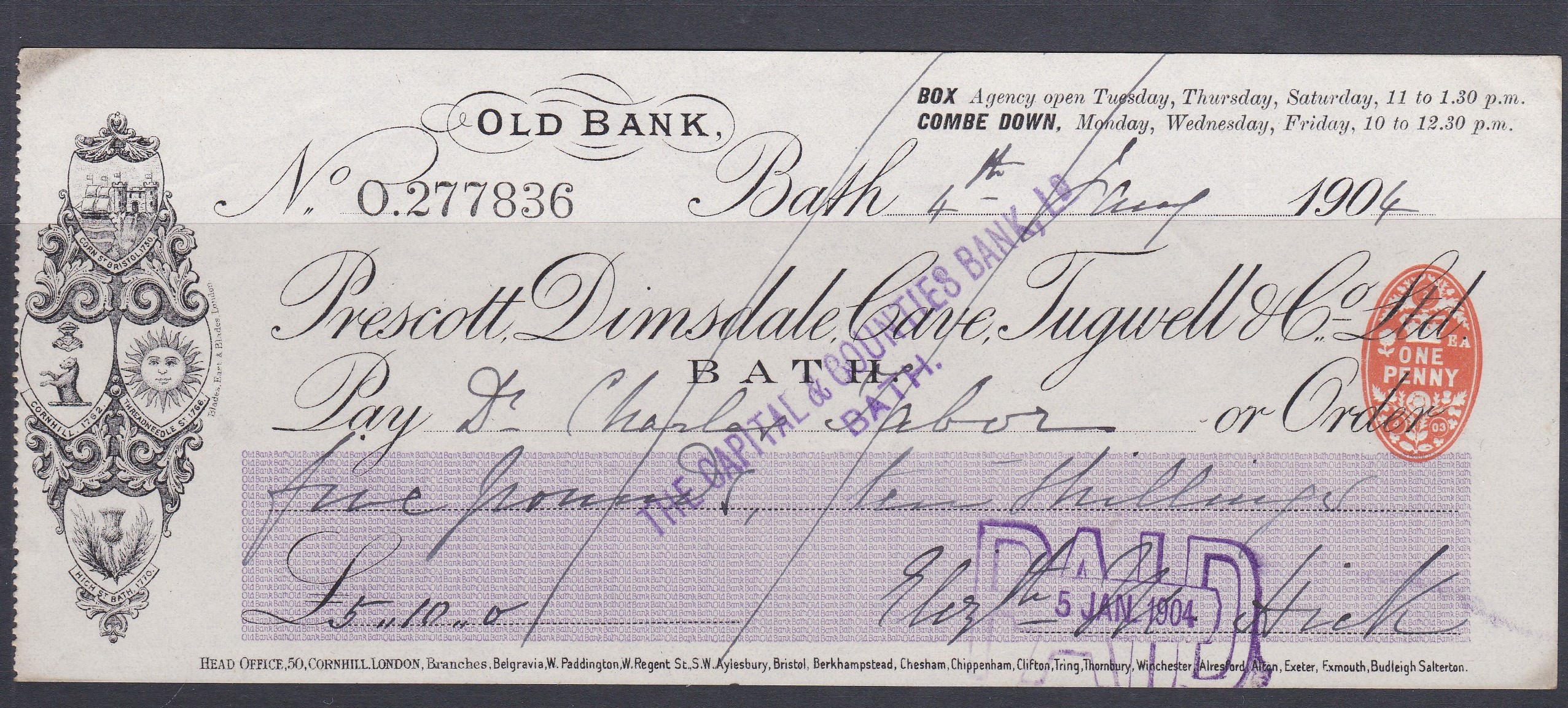 Prescott Dimsdale, Cave Tugwell & Co Ltd-Old Bank, Bath-Box & Combe Down Agency- used order RO 2.4.