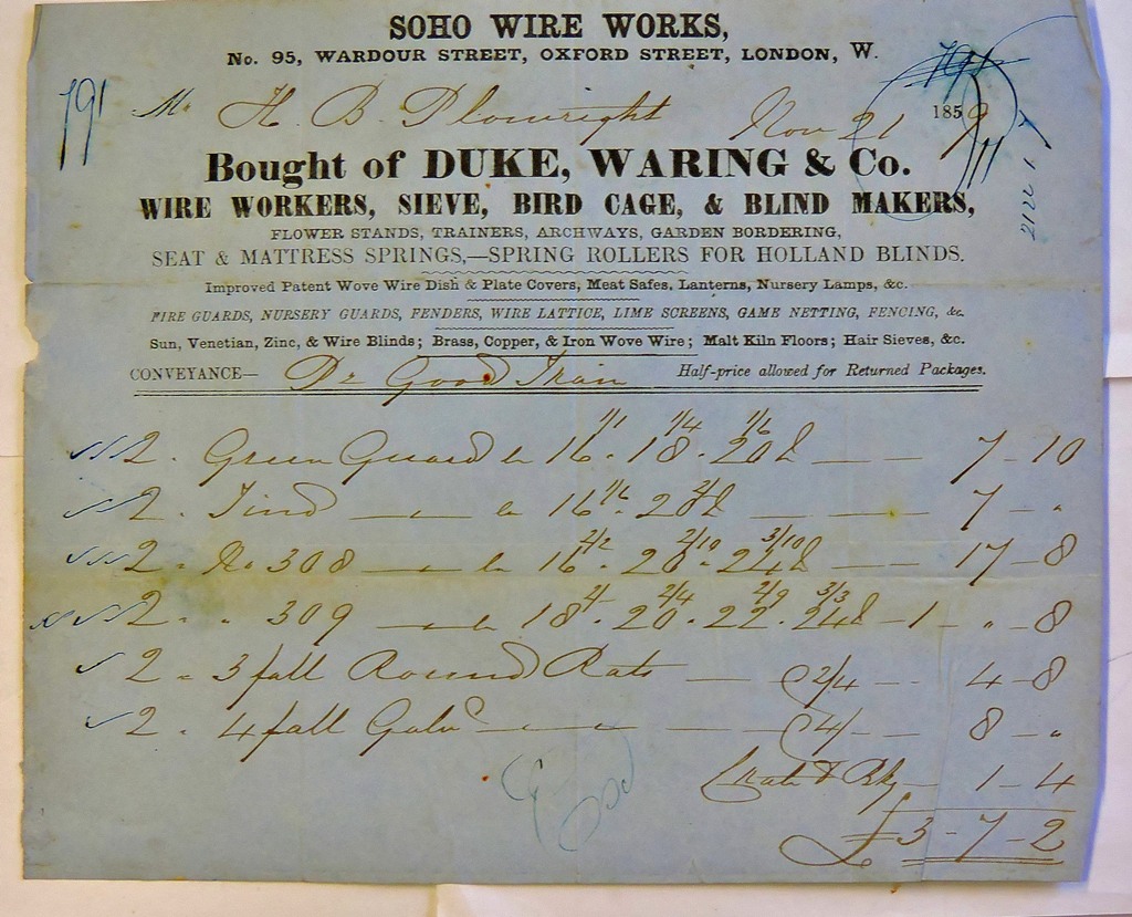 London 1859 Duke Waring & Co engraved heading Wire Workers Sieve Bird Cage & Blind Makers