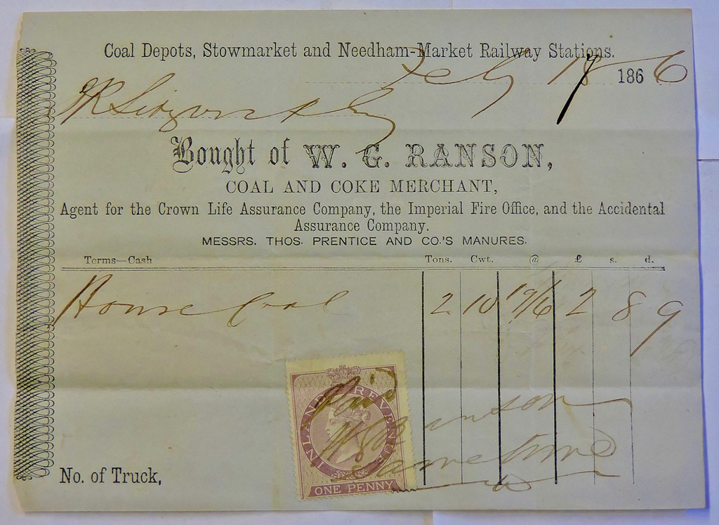 Stowmarket Suffolk 1866 engraved heading W G Ranson Coal & Coke Merchant