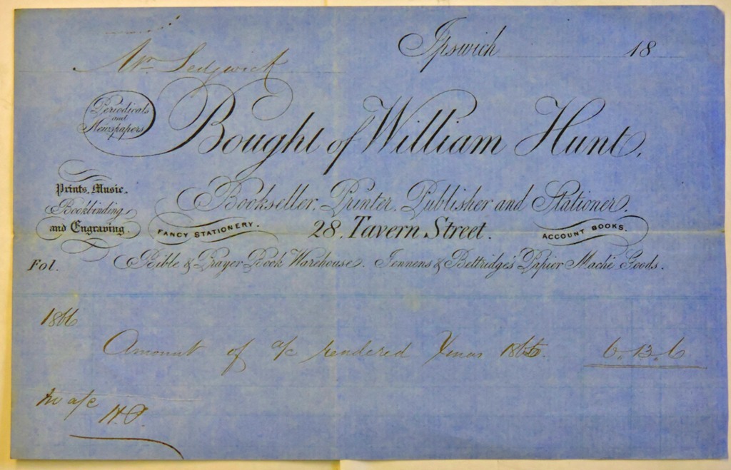 Ipswich Suffolk William Hunt engraved heading Booksellers Printer Publisher Stationers