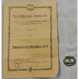 German WWII U-Boat War badge and certificate