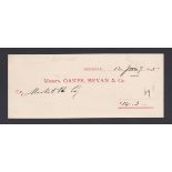 Oakes Bevan + Co,Sudbury-used credit slip 1888, red on white