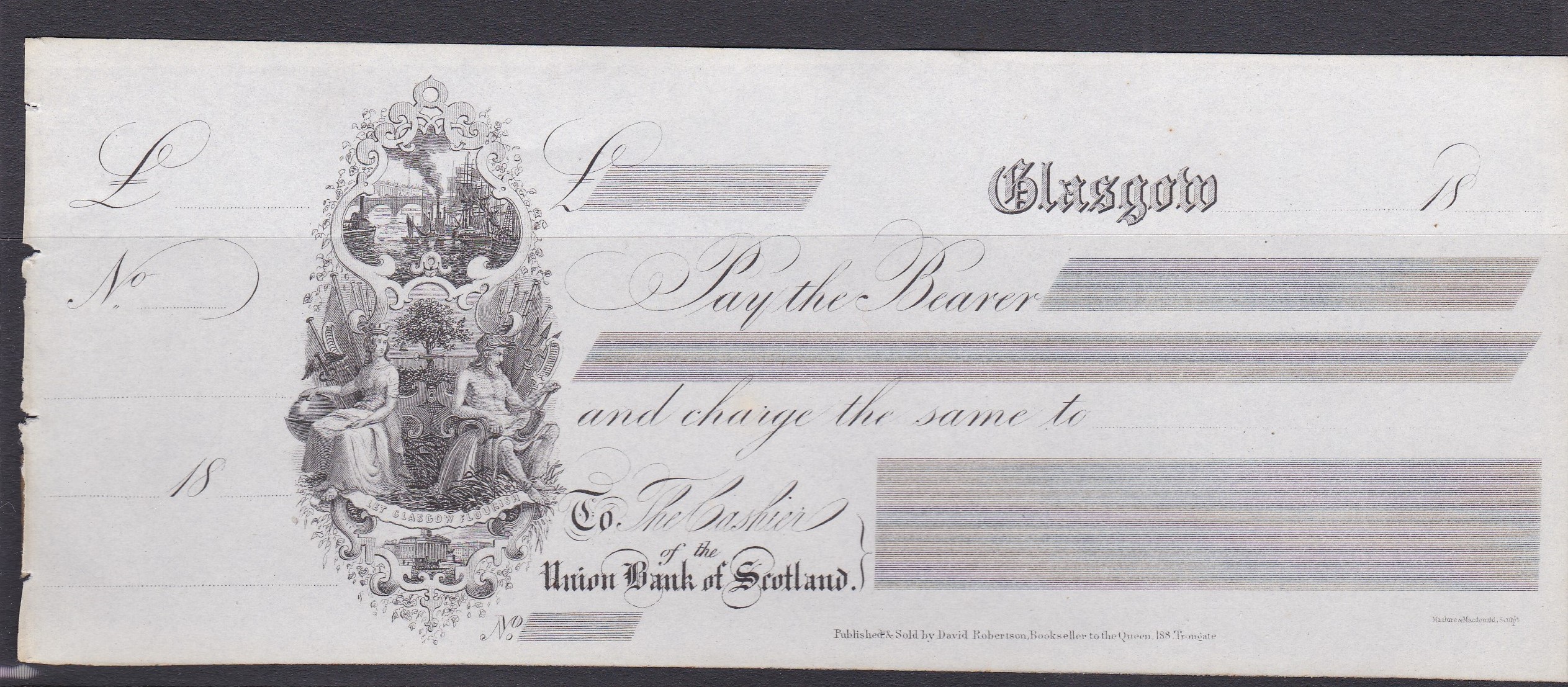 Union Bank of Scotland,Glasgow,mint beaer with C/F 18--, vig;large arms and view of town, printer