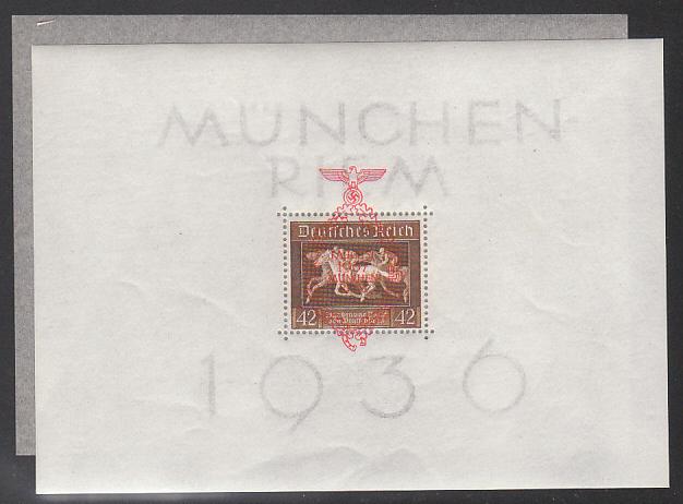 Germany 1937 - "Brown Ribbon" m/s opt. in Red; 1 August 1937 Munchen-Riem, SGMS638, Mi Block 10