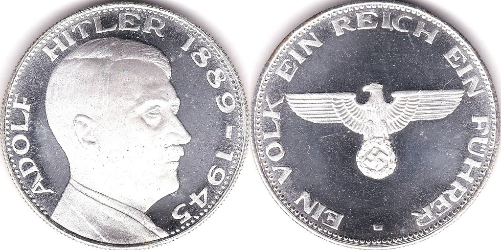 Germany Silver Medallion-proof obv Hitler 1889-1945, rev Ein Volk,Ein reich,Ein Fuhrer/Eagle and