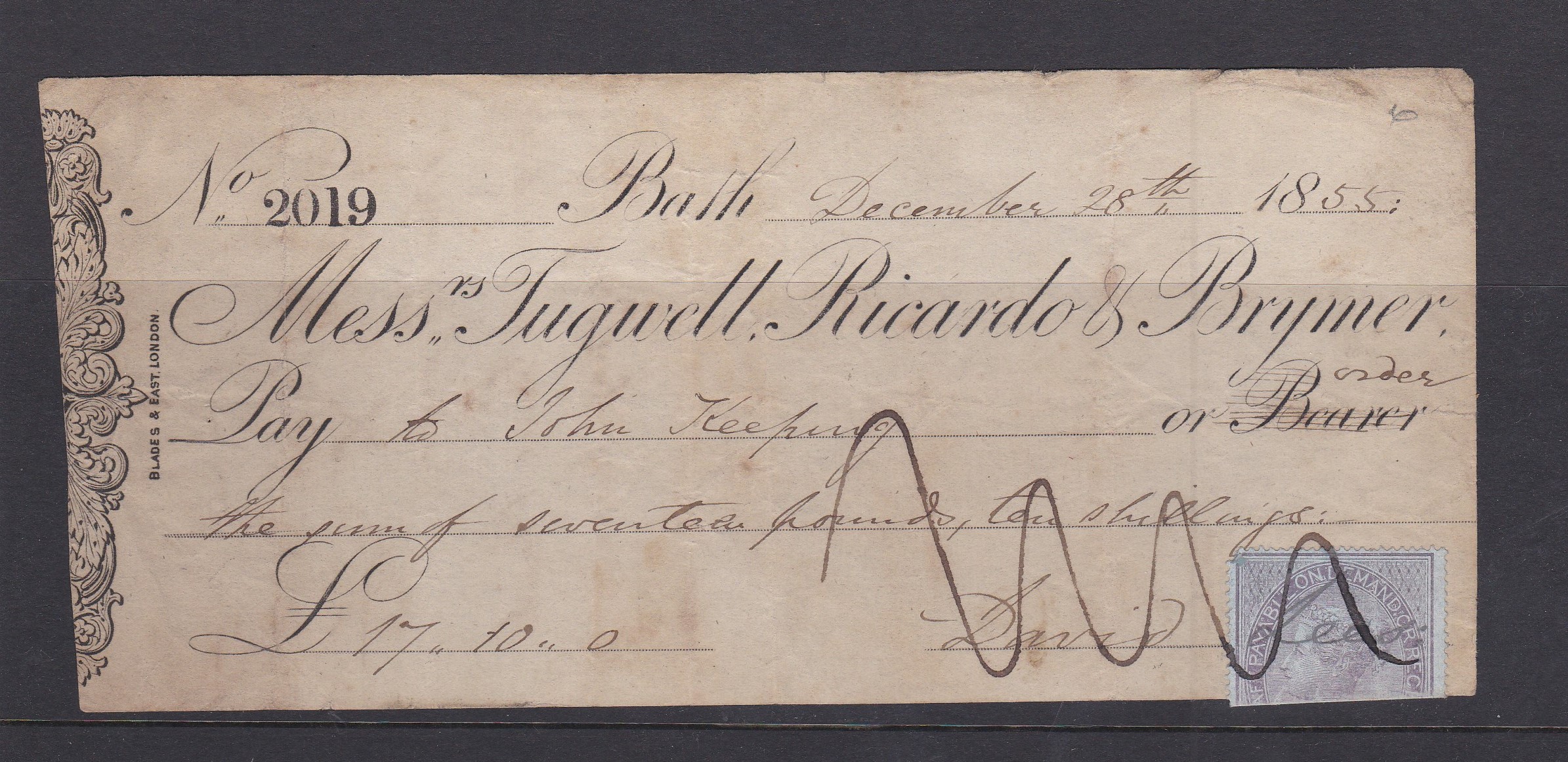 Tugwell Ricardo & Brymer, Bath-used bearer,vic.AD.black on cream, 28.12.1855-printer Blades & East