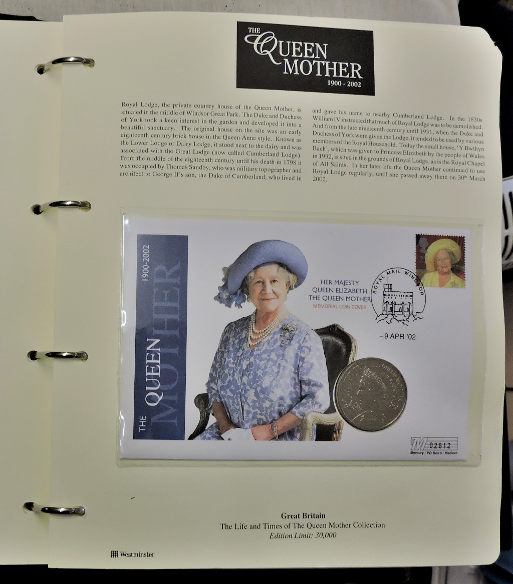 2002-Queen Mother-many with £5 coins, stamp and coin cover collection-an album with 18 covers