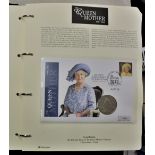2002-Queen Mother-many with £5 coins, stamp and coin cover collection-an album with 18 covers