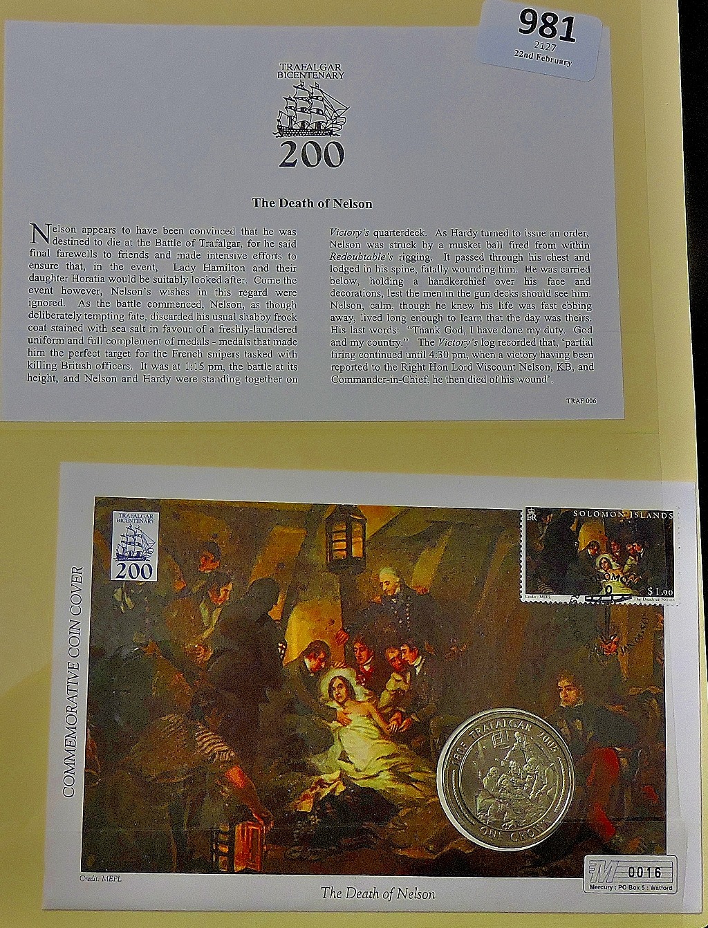 2005-(3rd Jan) The Death of Nelson, cover with crown coin