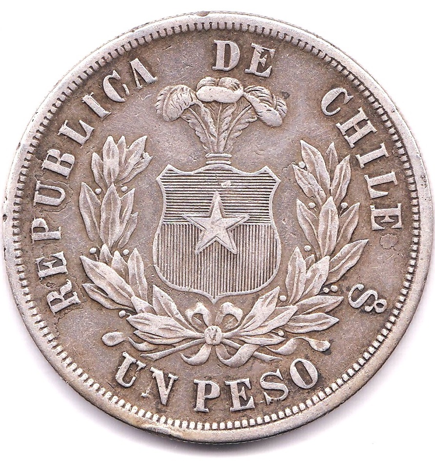 Chile 1870-Peso,(KM142.1)GVF+ - Bild 2 aus 3
