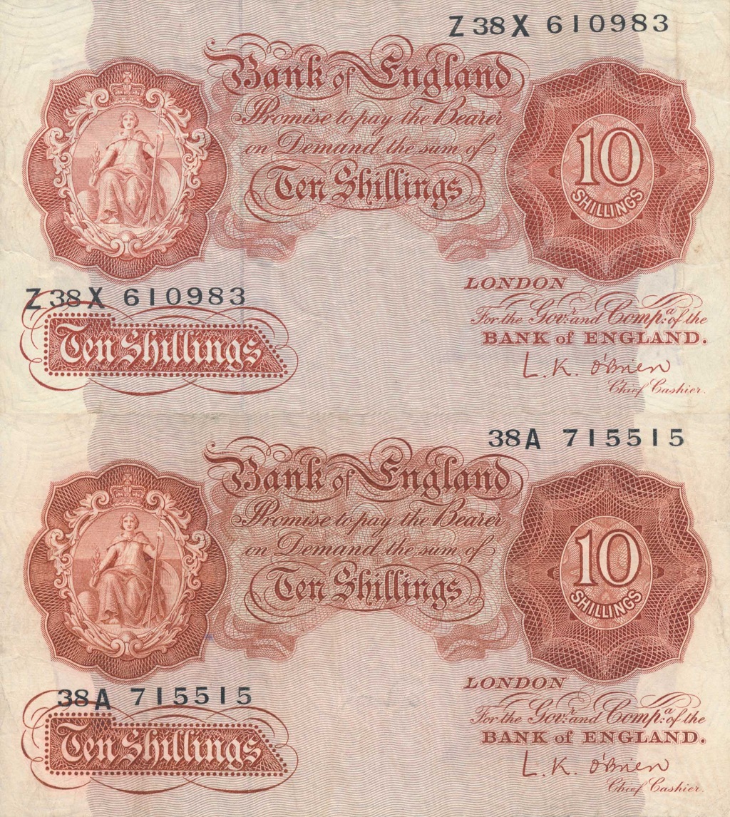 England - 10/- red-brown 1955 Z38X 610983 O'Brien VF B271England - 10/- red-brown 1955 38A 715515