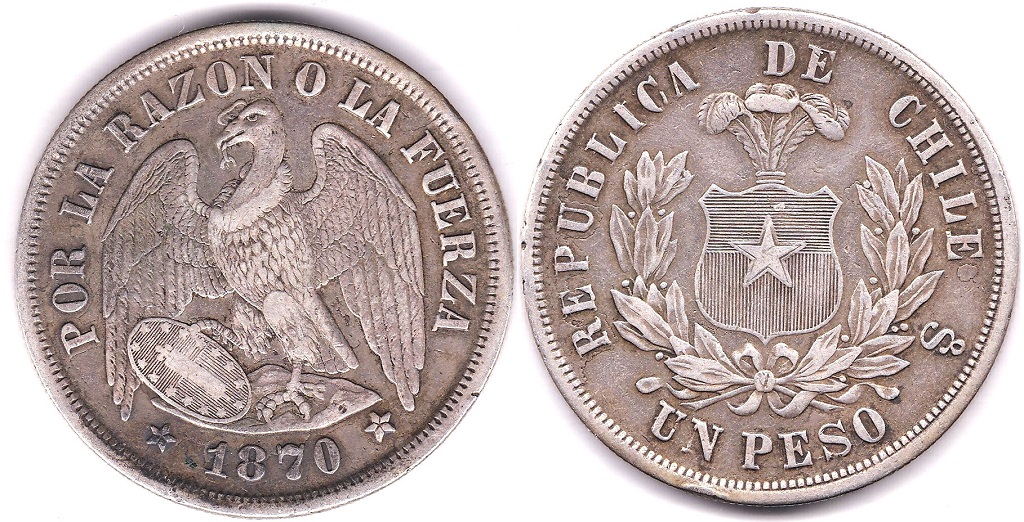 Chile 1870-Peso,(KM142.1)GVF+