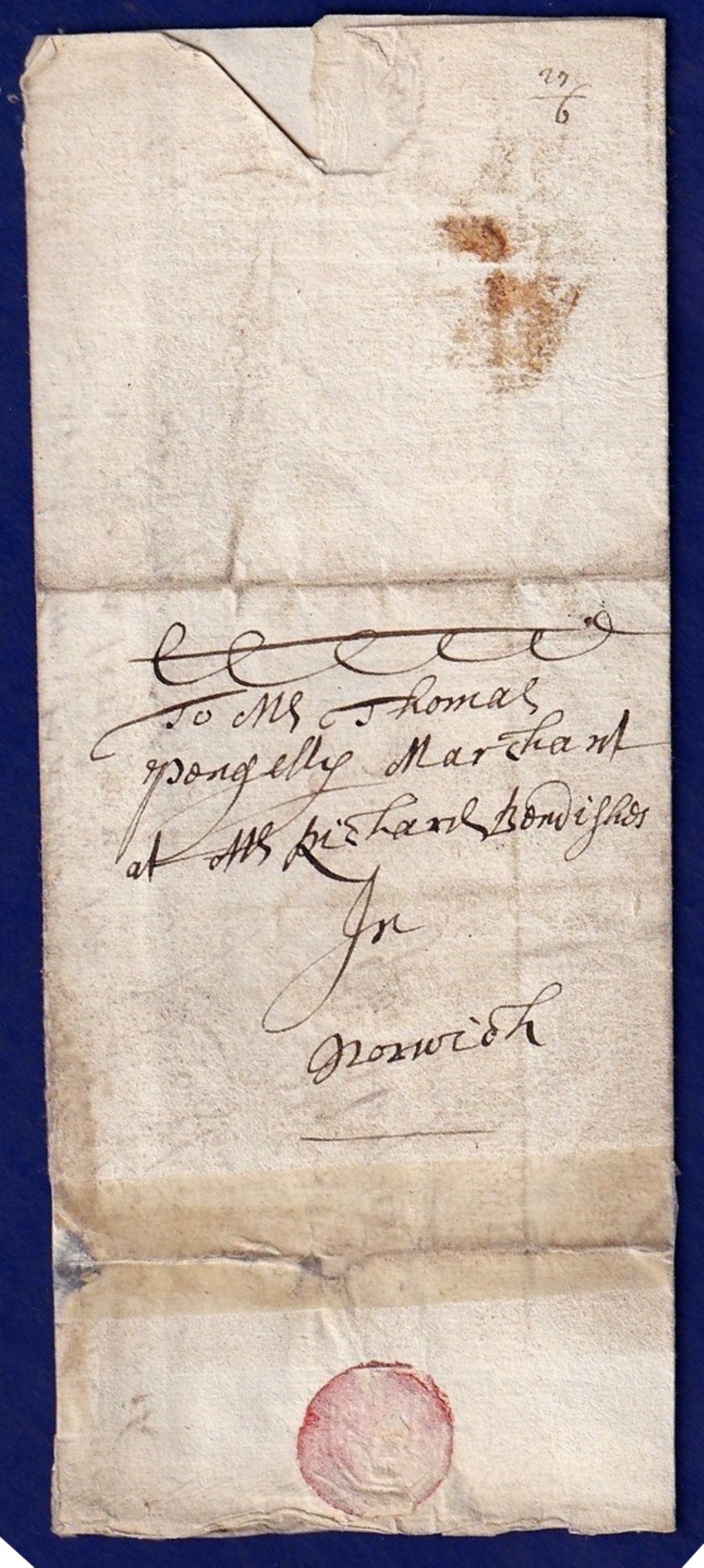 Norfolk - 1661 (27 June) Pengelly Yarmouth to Norwich script 27/6. Tape repair.